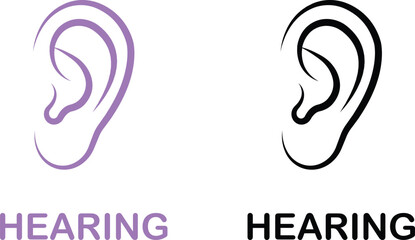 Hearing ear icon set collection group in black flat line style, auditory sense symbol illustration pack of sound listening signs, outline ear graphic bundle for sensory perception elements