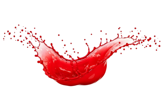 Dynamic red paint splash in motion with isolated liquid burst. Transparent image