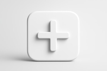 Obraz premium A clean white 3D plus symbol centered on a rounded square button, representing adding, creating, or expanding elements in digital interfaces.
