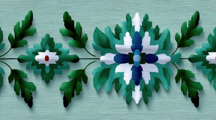 A repeating pattern of stylized green and blue floral elements and leaves against a light blue textured background. The design has a symmetrical, ornamental qua