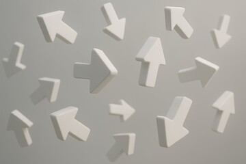 Abstract arrangement of three dimensional white arrow icons scattered on a soft neutral background, symbolizing direction, navigation, movement, choice, and digital interface concepts.