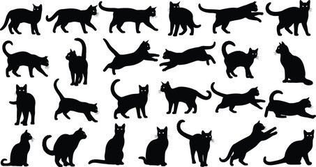 Mega Set of Black Cat Silhouettes Vector Collection - Domestic Kitty Poses, Walking, Sitting, and Jumping Pet Animal Icons