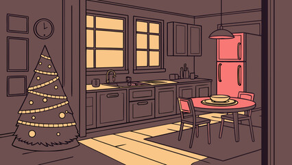 Cozy christmas kitchen scene with festive tree and dining area, warm evening light creating an inviting holiday atmosphere for family gatherings and celebrations.