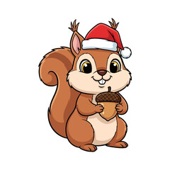 Obraz premium Festive Squirrel Holding Acorn Wearing Santa Hat.