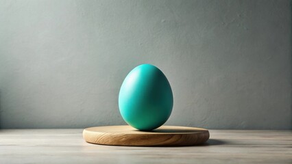 A single teal egg delicately balanced on a circular wooden platform against a muted background