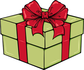 Green square gift box tied red ribbon and bow. For holiday card, birthday or Christmas poster, packaging design. Simple vector color illustration with outline in hand drawn style isolated on white