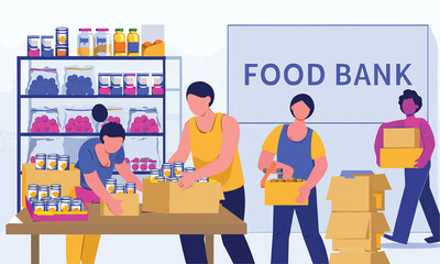 Community members sorting and packing food donations for charitable distribution