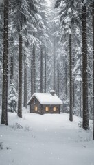 Cozy wooden cabin glowing in snowy winter forest
