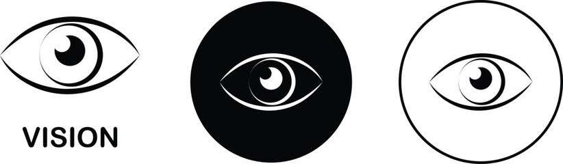 Vision eye icon set collection group in black flat line style, eyesight seeing symbol illustration pack of optic view gaze signs, eye graphic bundle for visual perception elements and sensory design