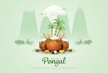 Tamil Nadu festival Happy Pongal with traditional Pongal props, green holiday Background, pongal celebration greeting card with temple and farmer, vector illustration design.