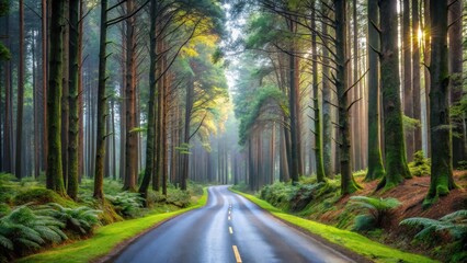 Obraz premium Serene Forest Road A Misty Morning Drive Through Tall Trees, Sunlight Dappling the Path