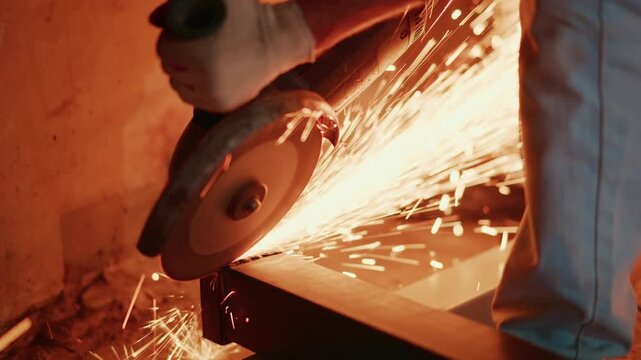 fabricator grinding steel beam with intense orange sparks, gloved hands guiding angle grinder along metal edge, workshop atmosphere, hot embers and flying particles, closeup