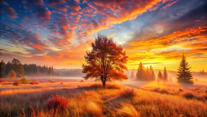 Naklejka premium Autumnal Sunrise Solitary Tree in a Misty Meadow Bathed in Golden Light