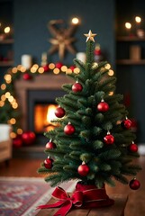 Festive Christmas Tree with Red Ornaments and Golden Star Topper in