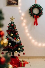 Festive Christmas Tree with Ornaments and Lights in a Warmly