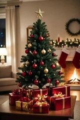 Festive Christmas Tree With Red And Gold Presents Cozy Fireplace