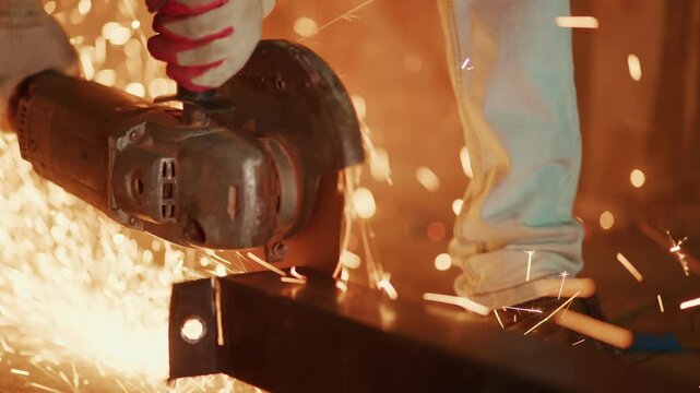 industrial sparks fly during grinding, closeup of steelworker with sparks flying, cl amorous scene of metalworker using grinder amidst sparks and heavy boots in workshop