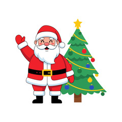 Fototapeta premium Santa Claus waving next to a decorated Christmas tree.