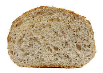 Buckwheat integral bread slice isolated on white background, side view 