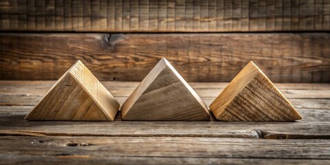 Three rustic wooden triangular prisms arranged on a weathered wood surface