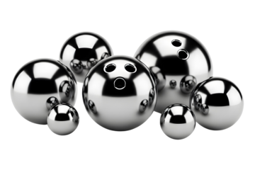 Transparent image of group of metallic spheres, bowling balls