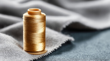 Close-up of golden thread spool on soft gray fabric with blurred textile background, highlighting texture and sewing materials in natural light