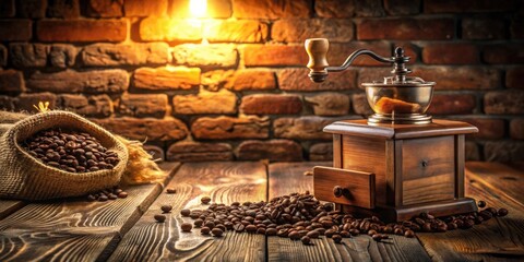 Rustic wooden coffee grinder with burlap sack of roasted coffee beans on a weathered wood surface against a brick wall background