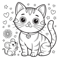 Obraz premium Adorable cartoon cat with a bell and a mouse, surrounded by hearts, stars, and a flower kitten collar