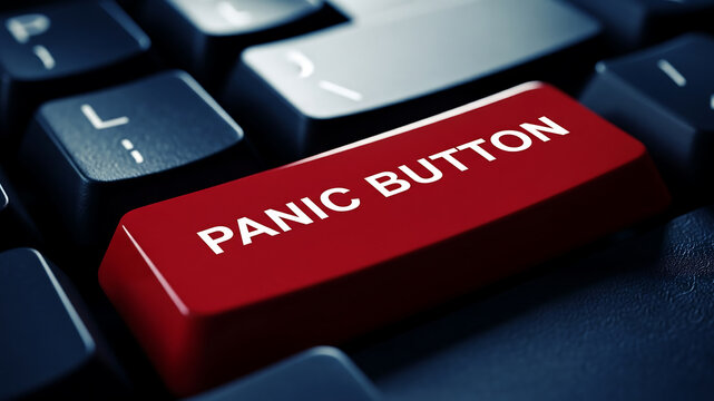 Red panic button key on a black computer keyboard, close-up macro view, representing emergency, stress, or immediate action