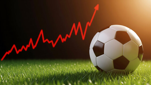 soccer ball on grass with an upward trending financial graph