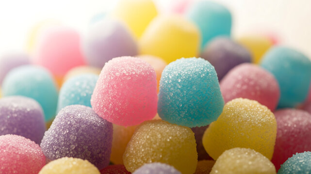 close up of a colorful pile of sugary gumdrops or jelly drops