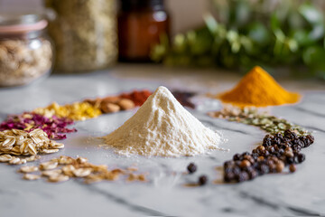 Circle of spices and grains surrounding a pile of flour
