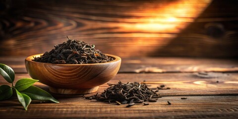 Dark loose leaf tea in a wooden bowl on rustic wood