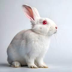 Fototapeta premium A white rabbit with red eyes sitting upright against a plain white background in a studio setting