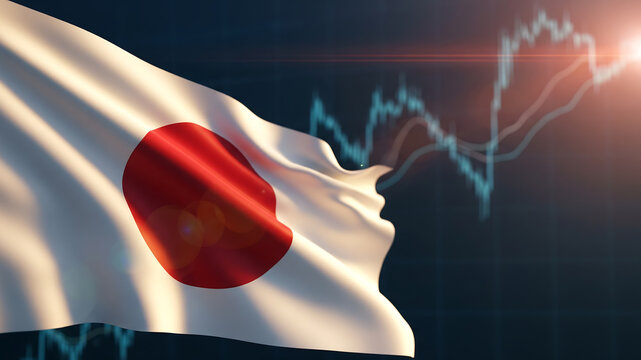 Japan flag waving against a dark background with a financial stock chart and lens flare