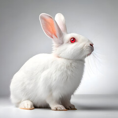 A poised white rabbit with striking red eyes sits gracefully against a neutral backdrop looking up