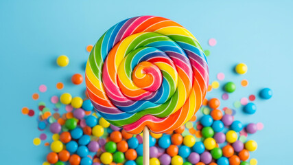 giant rainbow swirl lollipop with scattered candies and sprinkles on blue background