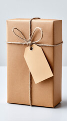 Kraft wrapped gift with blank tag tied by twine