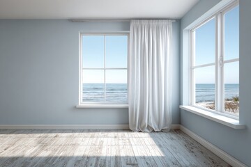 Obraz premium Empty room interior overlooks bright ocean vista through large windows