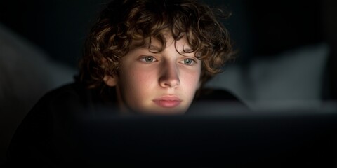 Teenager stares intently at glowing phone screen in dark bedroom late at night. Parental screen time limits concern, restless digital age insomnia vibe.