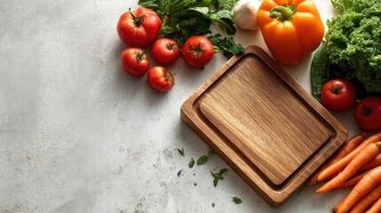 Fresh vegetables and wooden cutting board arranged on a light grey kitchen counter