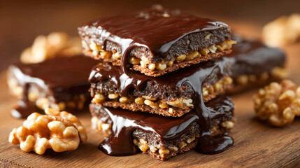 Decadent chocolate brownies stacked with crunchy walnuts and drizzled in rich melted chocolate on a wooden surface for an indulgent dessert treat