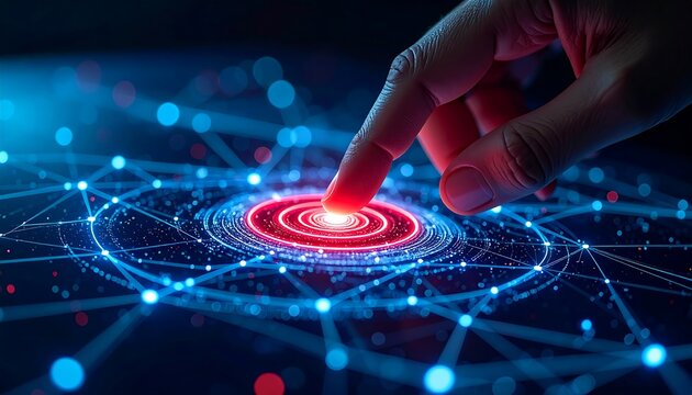 Innovate with a touch, finger activating advanced digital network technology with glowing nodes and connections for cutting-edge data solutions