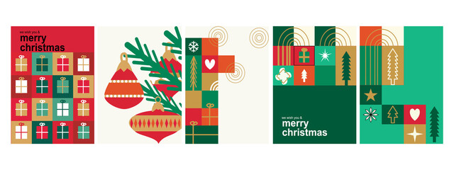 Merry Christmas banner, gold ornament card, green background. Christmas Sale background in green and gold. Vertical template for social media sales