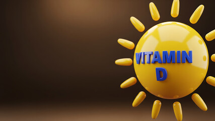 3d rendering of yellow sun symbol with vitamin d text inside on a dark brown background concept for health supplement and sunlight benefits
