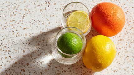 Close-up of fresh citrus fruits including lemon, lime, and orange with two glasses containing lemon and lime slices on terrazzo surface