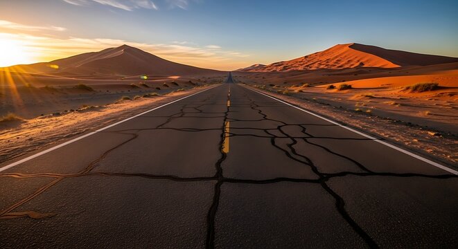 Vast desert road leading to the horizon at sunset with golden light and cracked asphalt surface