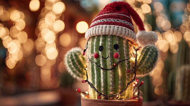 Cactus in a Santa hat in a fabulous New Year's atmosphere
