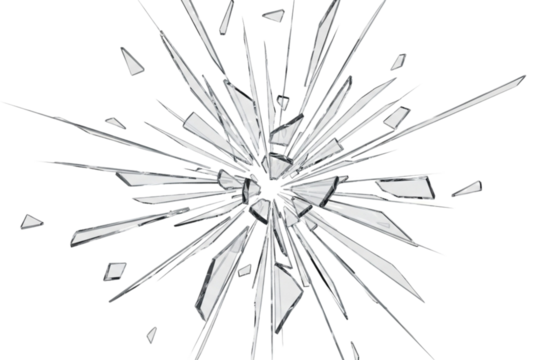 Explosion of clear glass shards on a transparent background, abstract