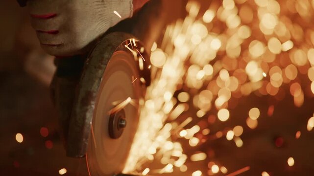 artisan deburring metal with angle grinder, close perspective of disc shaving burrs, shower of golden sparks and warm ambient light, gloved hand guiding tool for clean finish